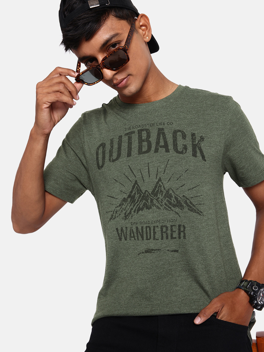 

The Roadster Lifestyle Co. Men Olive Green Printed Forever Vacay Snapshot Summers T-shirt