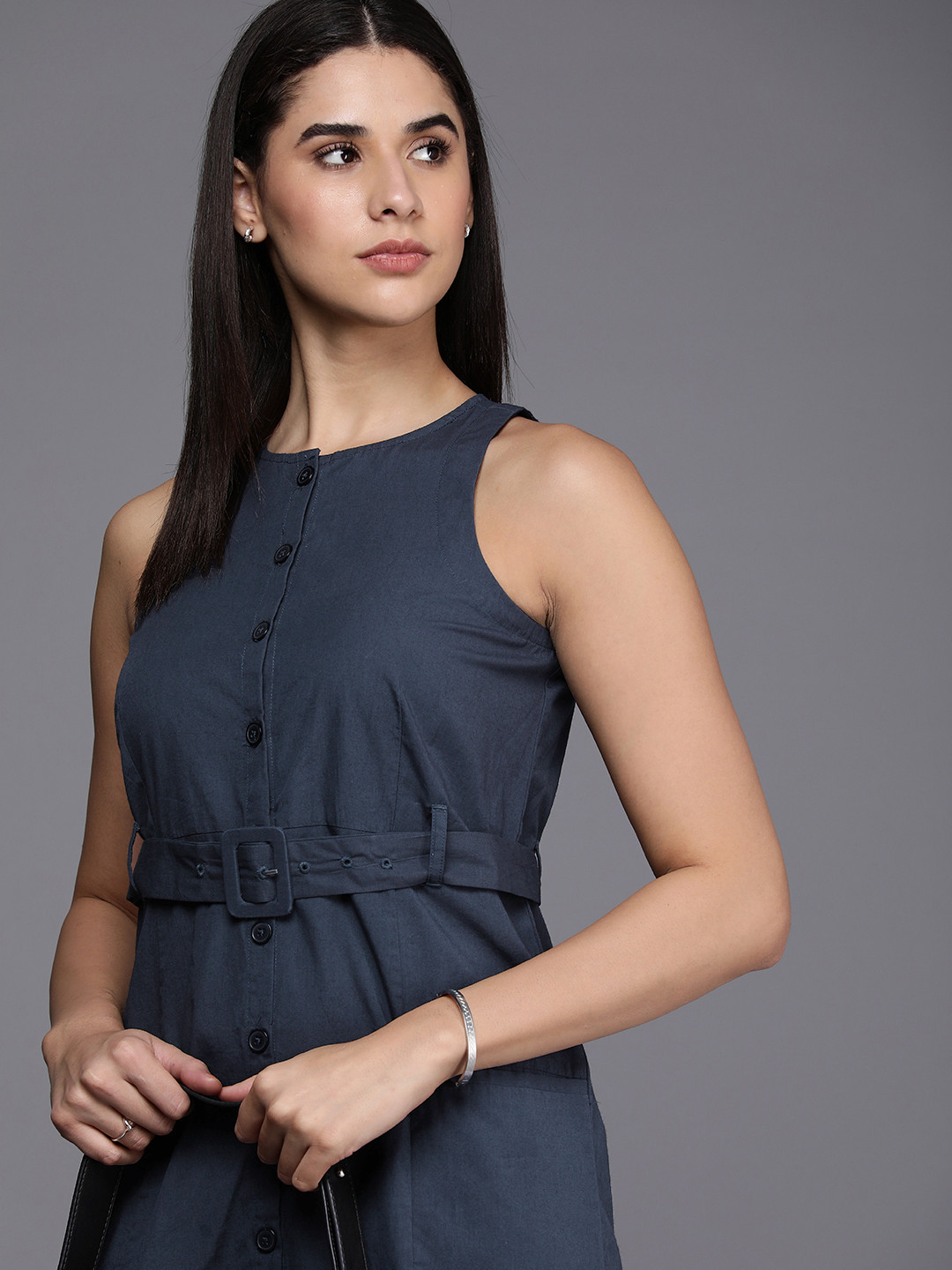 

Kenneth Cole Pure Cotton Solid Round Neck A-Line Dress With Fabric Belt, Navy blue