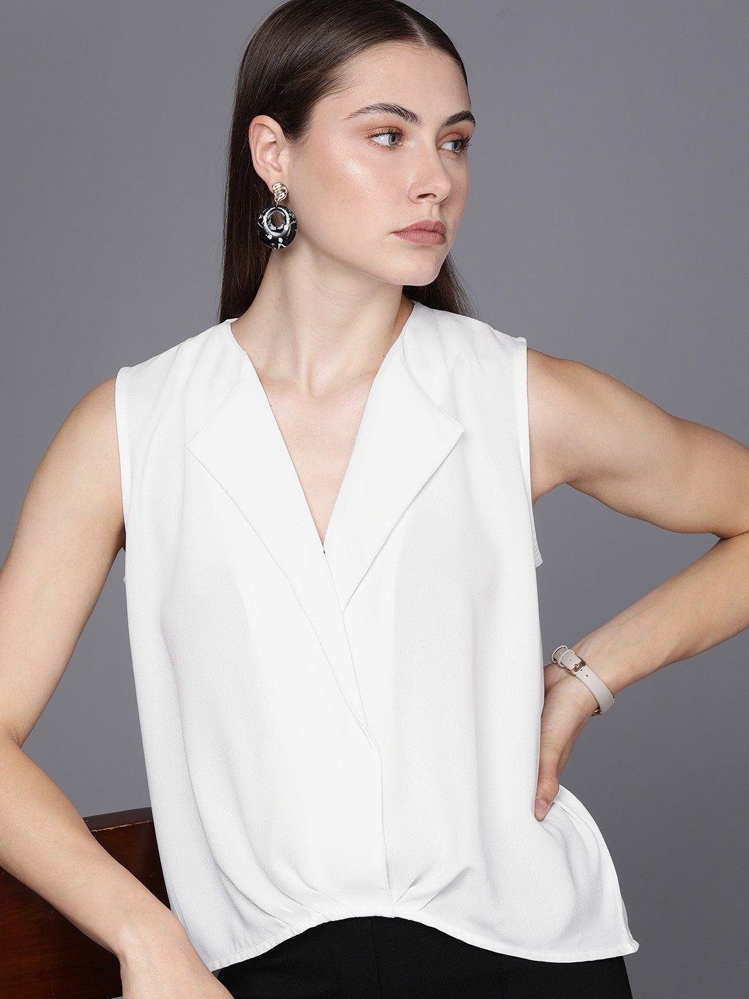 

Kenneth Cole Solid Notched-Lapel Sleeveless Wrap Top, White