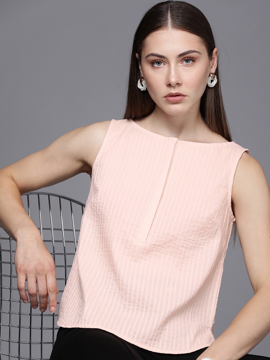 

Kenneth Cole Embroidered Stripes Pure Cotton Regular Top, Peach