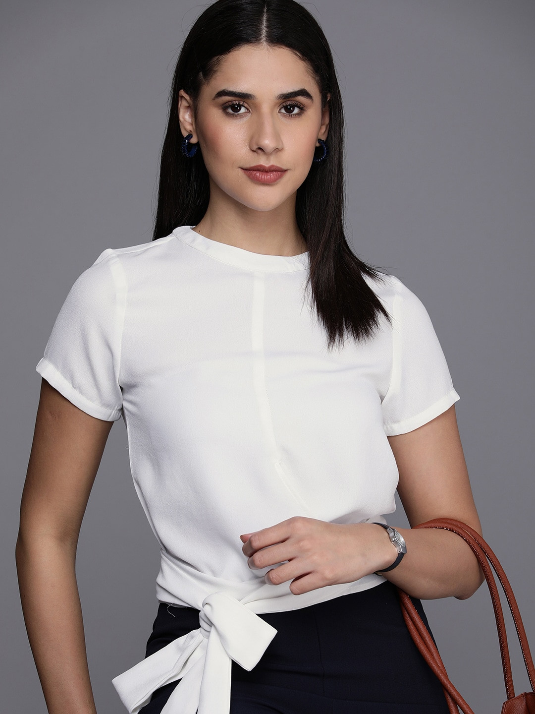 

Kenneth Cole Solid Round Neck Crop Top With Waist Tie-Ups, White