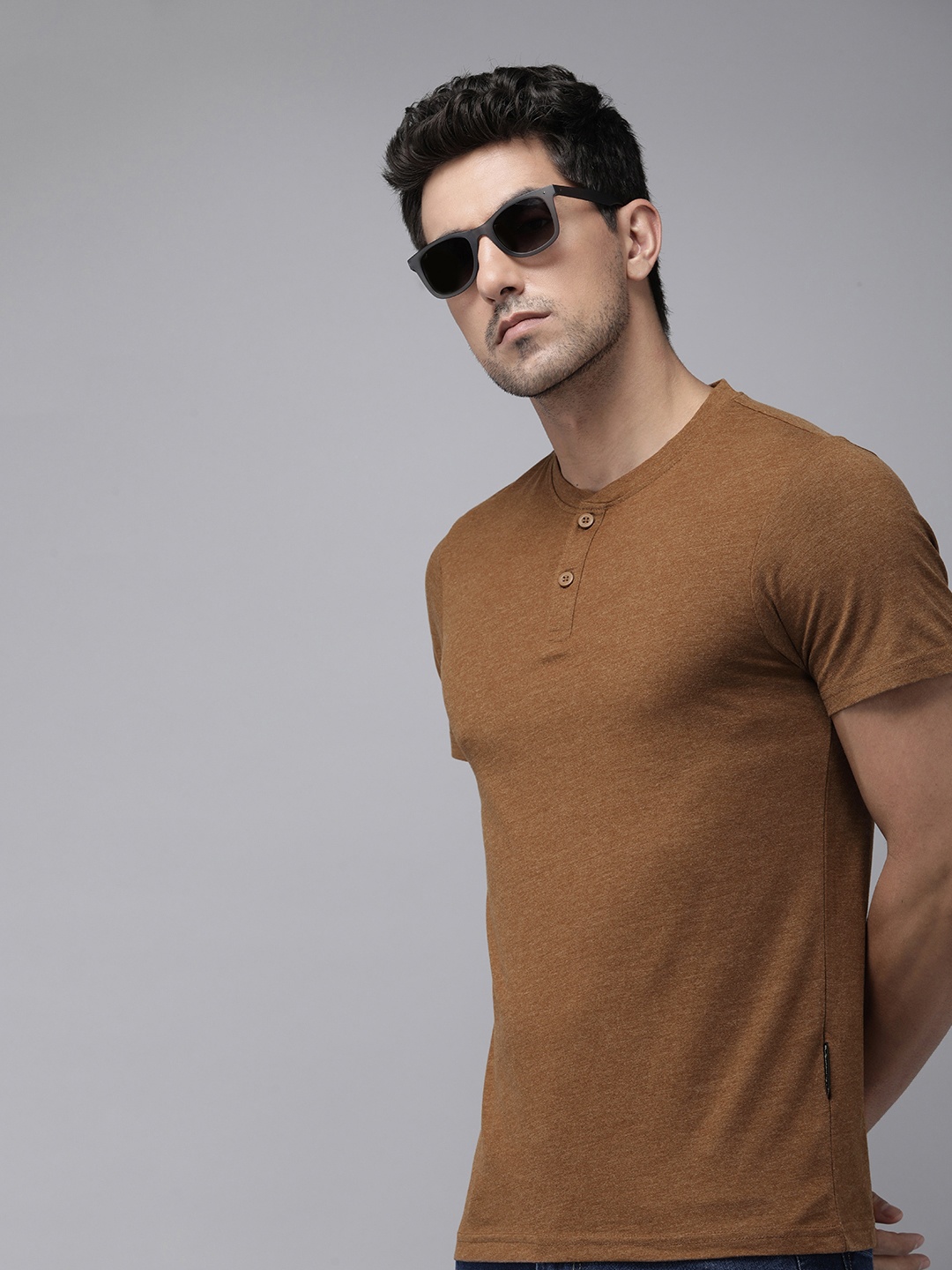 

The Roadster Life Co. Henley Neck Pure Cotton T-shirt, Brown