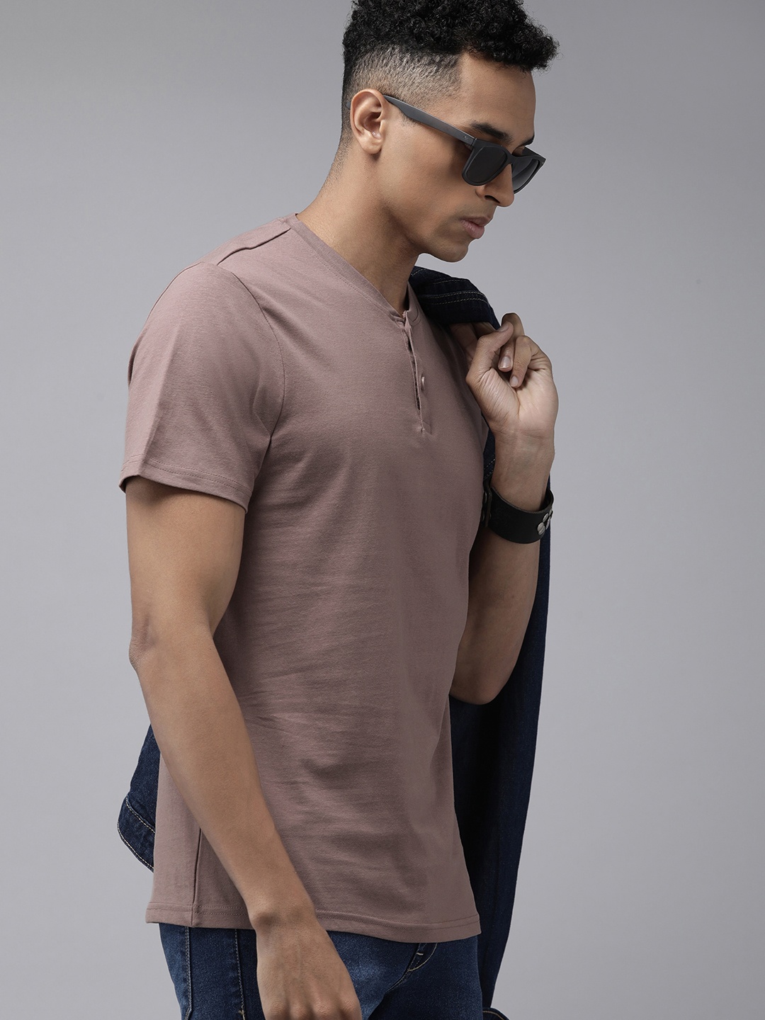 

The Roadster Life Co. Henley Neck Pure Cotton T-shirt, Mauve