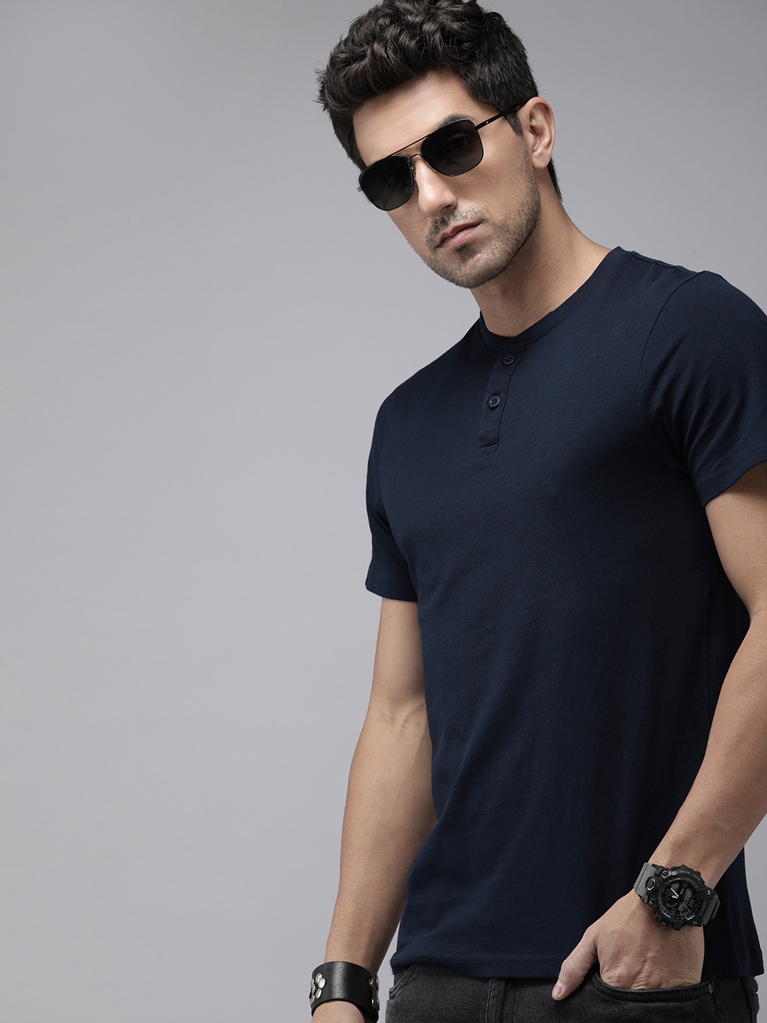 

The Roadster Life Co. Henley Neck Pure Cotton T-shirt, Navy blue