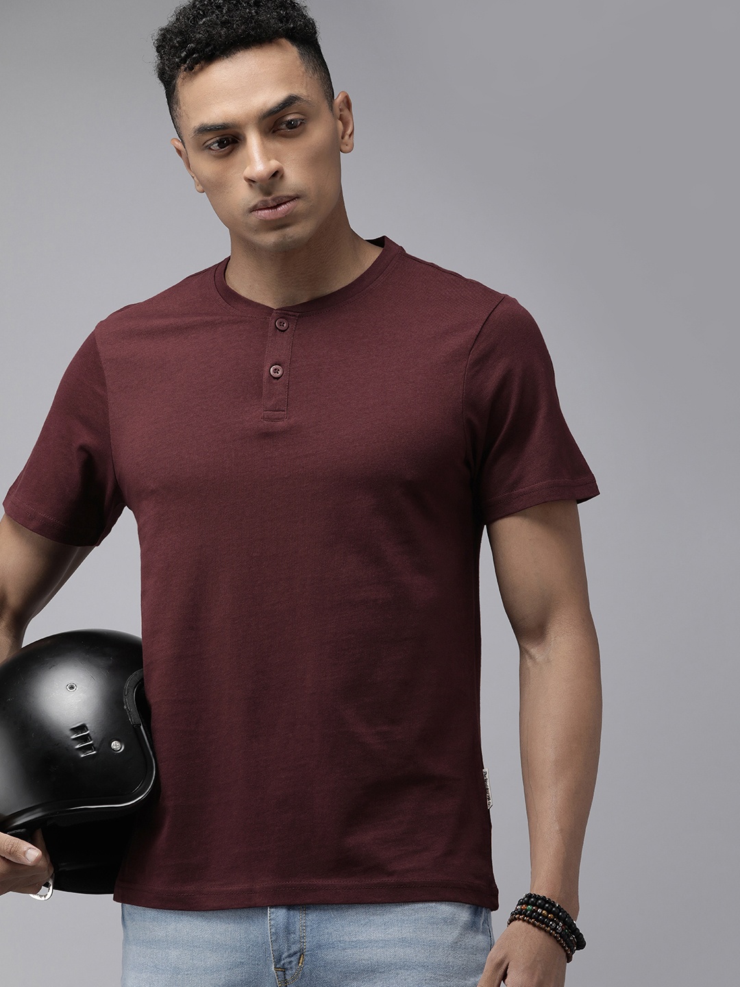 

The Roadster Life Co. Henley Neck Pure Cotton T-shirt, Burgundy