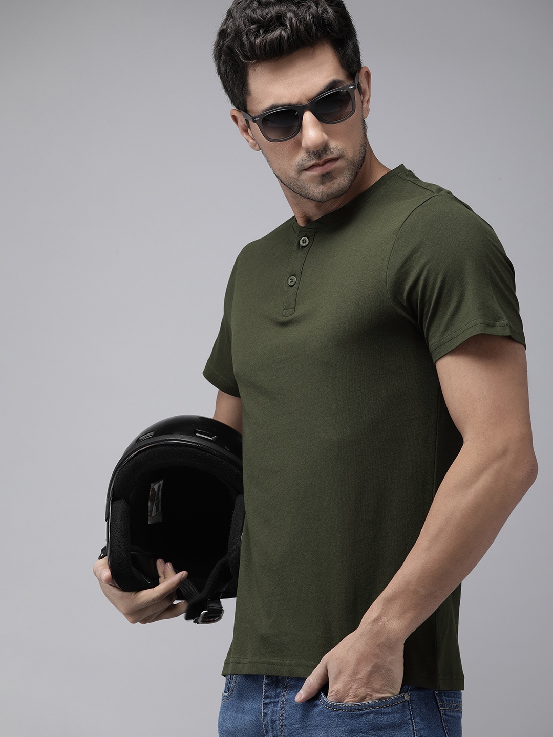 

The Roadster Life Co. Henley Neck Pure Cotton T-shirt, Olive