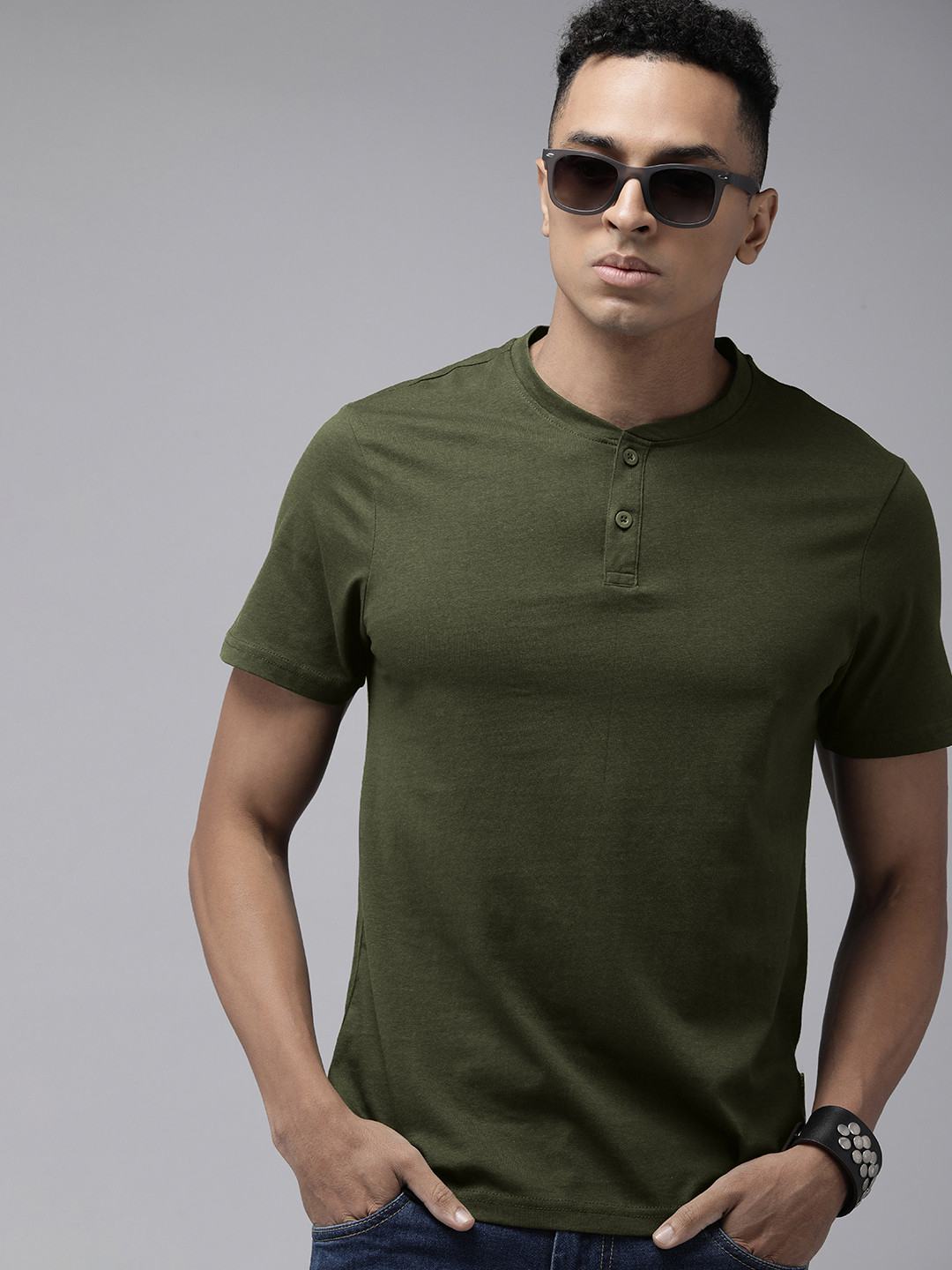 

The Roadster Life Co. Henley Neck Pure Cotton T-shirt, Olive
