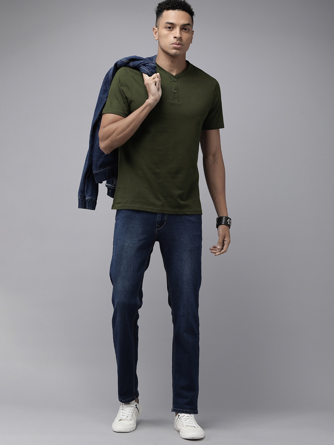 

The Roadster Life Co. Henley Neck Pure Cotton T-shirt, Olive