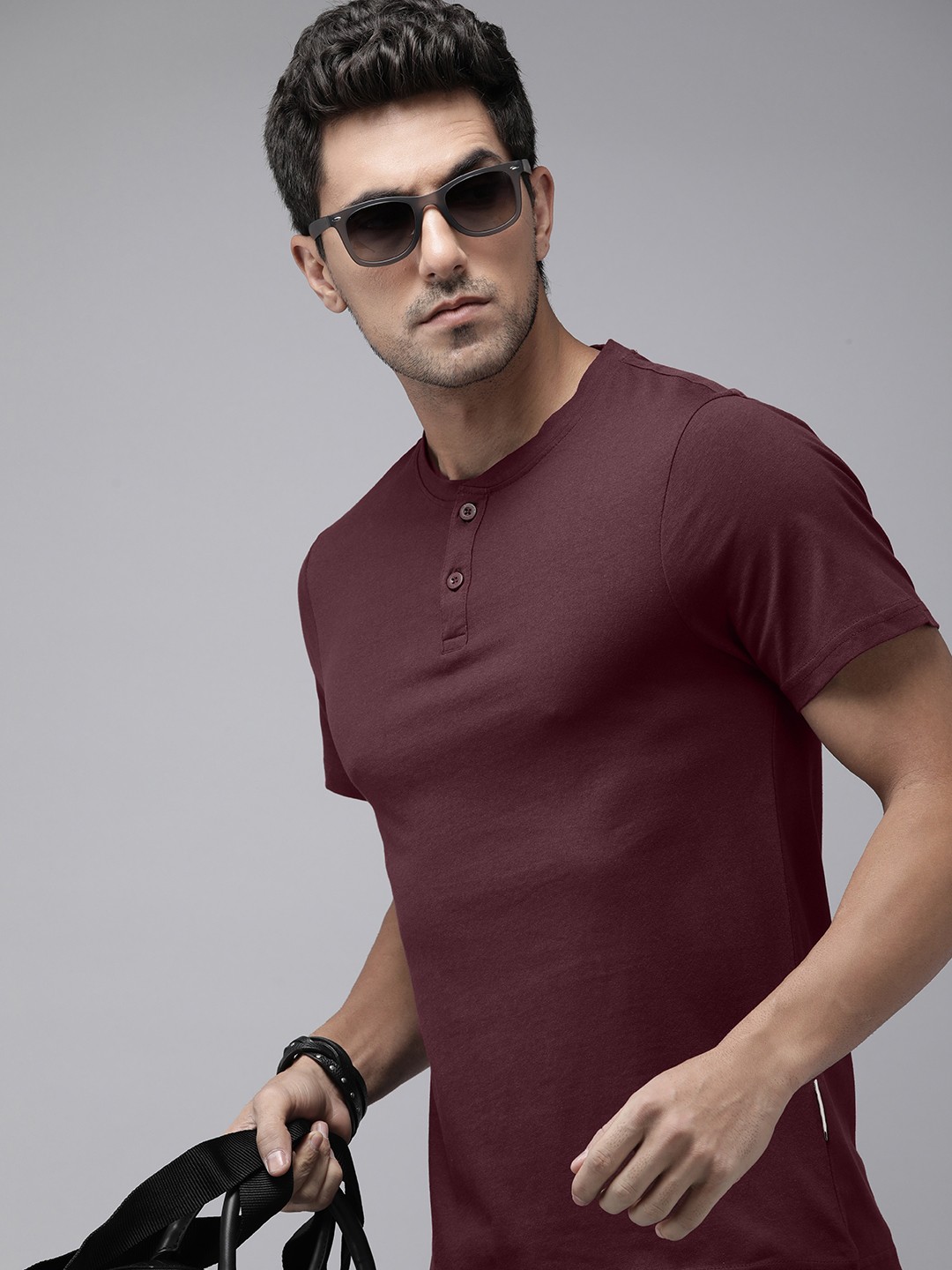 

The Roadster Life Co. Henley Neck Pure Cotton T-shirt, Burgundy