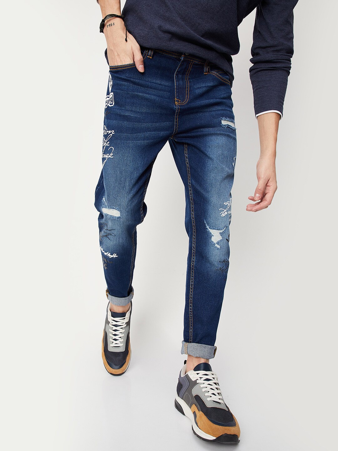 

max Men Cotton Light Fade Stretchable Jeans, Navy blue