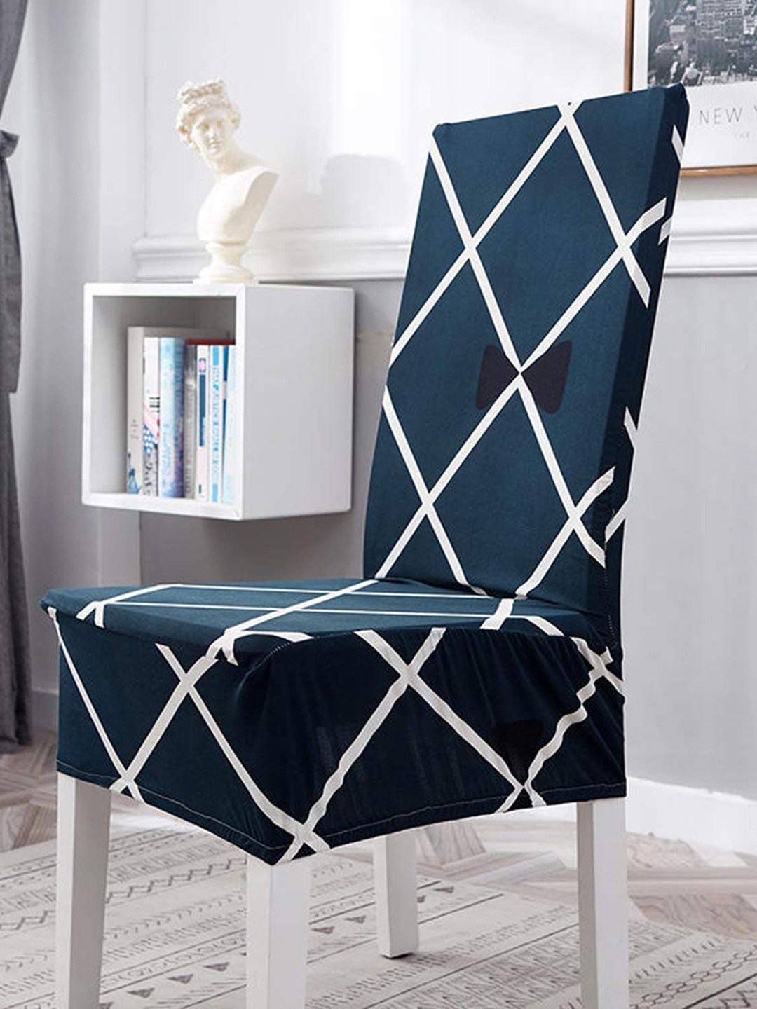 

HOUSE OF QUIRK Blue & White Printed Removable Washable Chair Cover