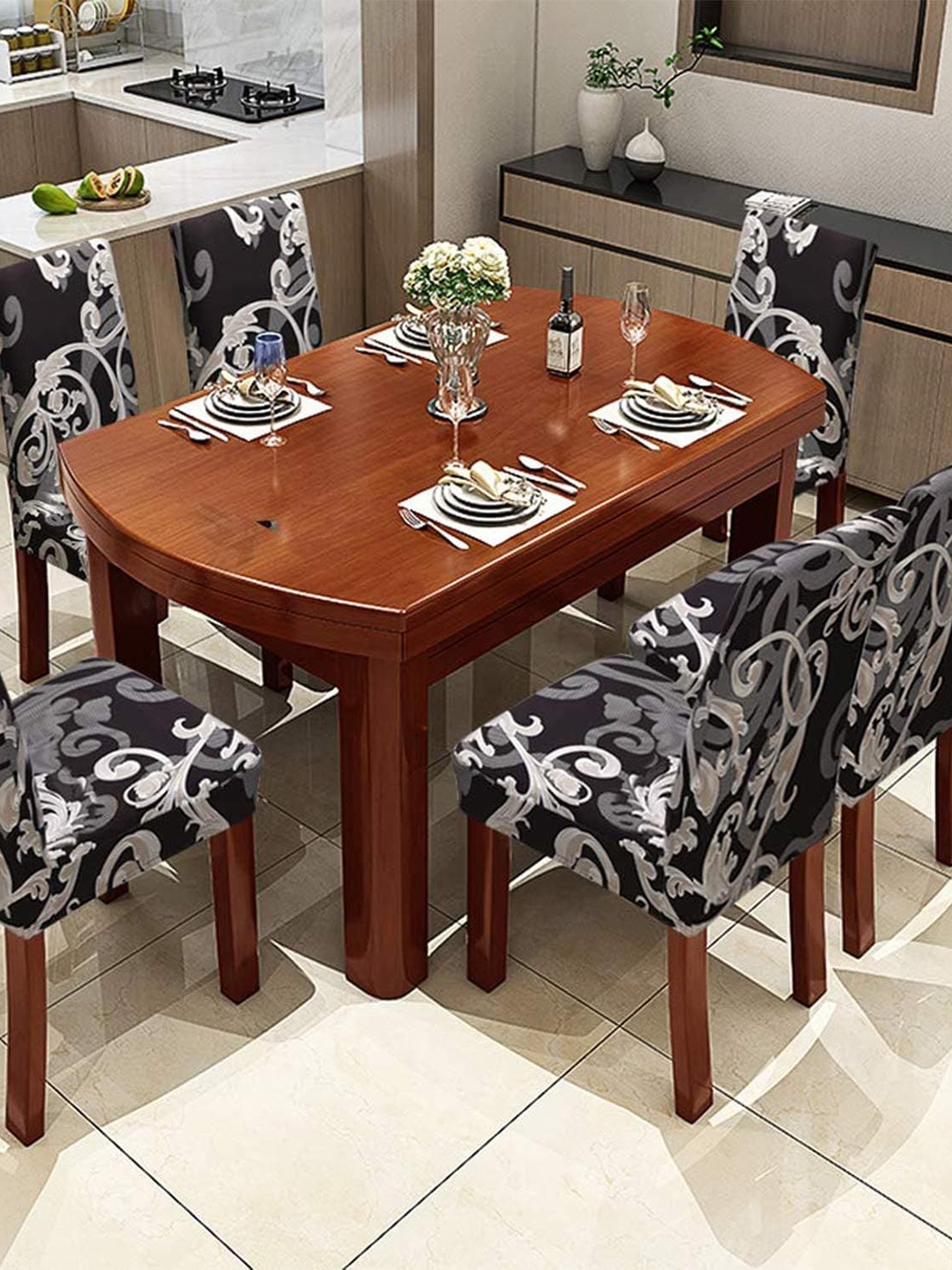 

HOUSE OF QUIRK Grey & Black Stretch Removable Printed Chair Covers