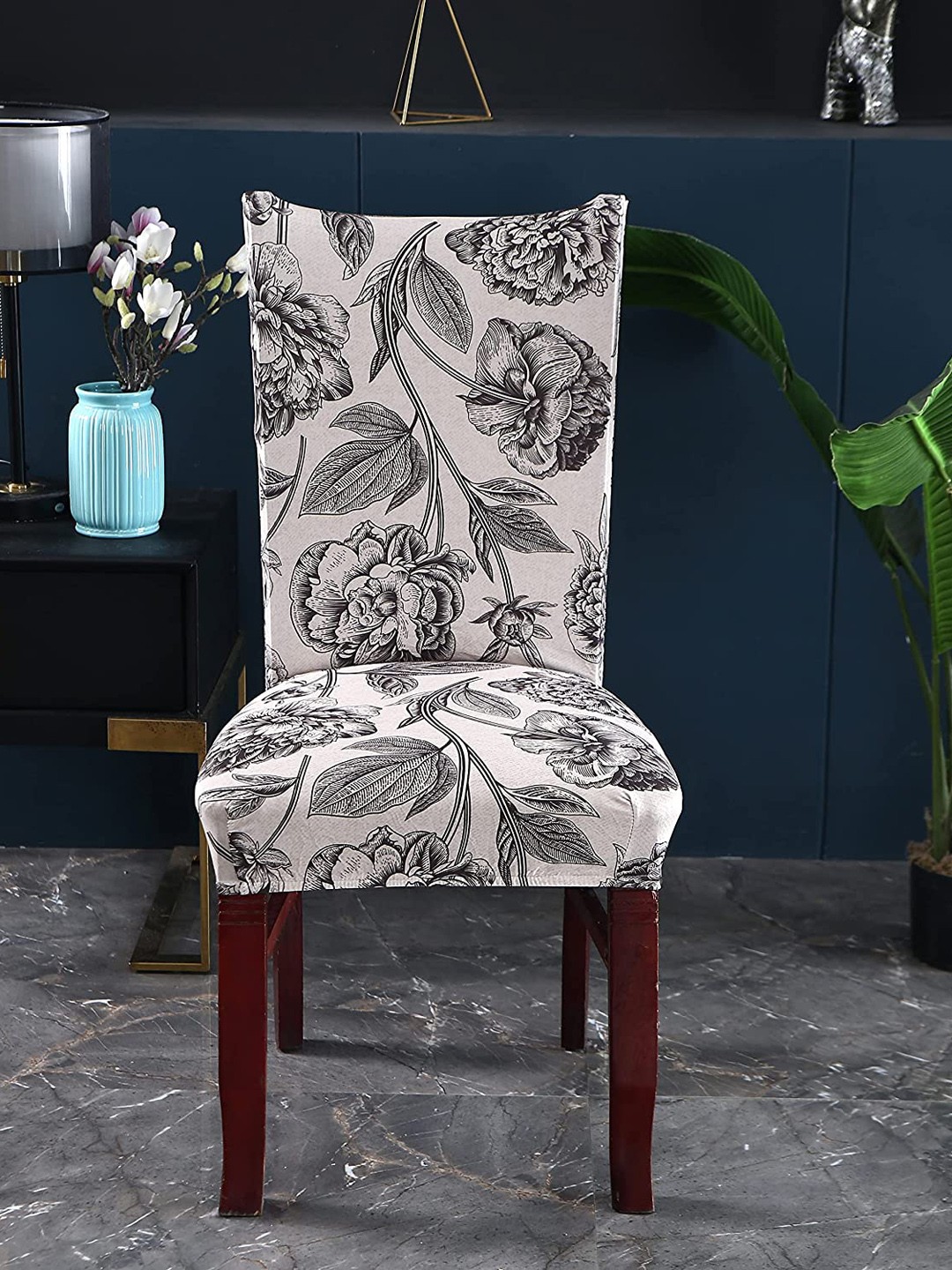 

HOUSE OF QUIRK Cream Printed Stretch Removable Chair Cover