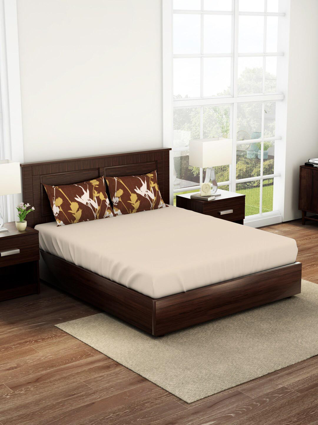 

SPACES Bonica Beige & Brown 144 TC Queen Pure Cotton Bedsheet with 2 Pillow Covers