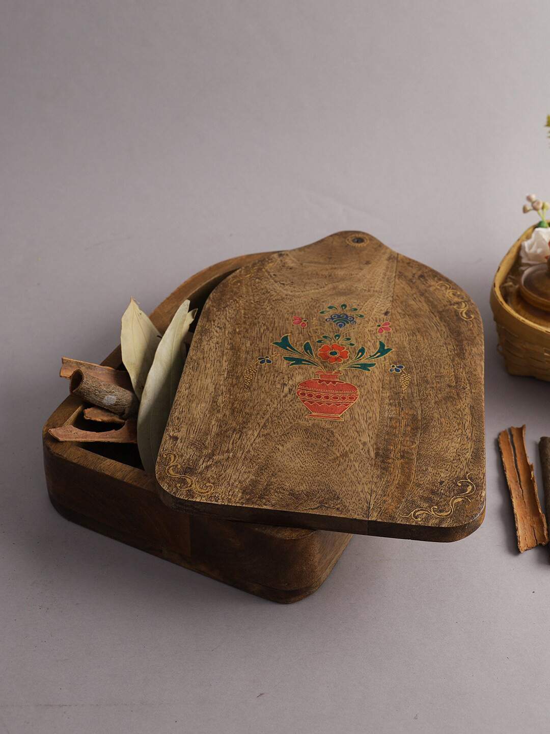 

Aapno Rajasthan Brown Printed Wooden Dry Fruit Box with Hand Engraving