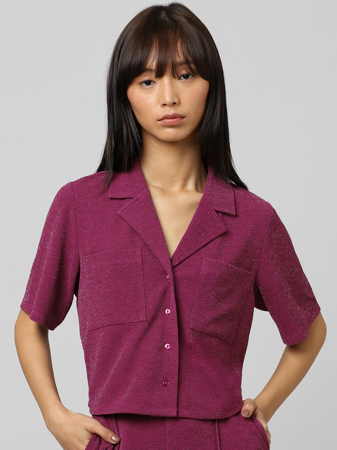 

ONLY Women Lapel Collar Crop Casual Shirt, Pink