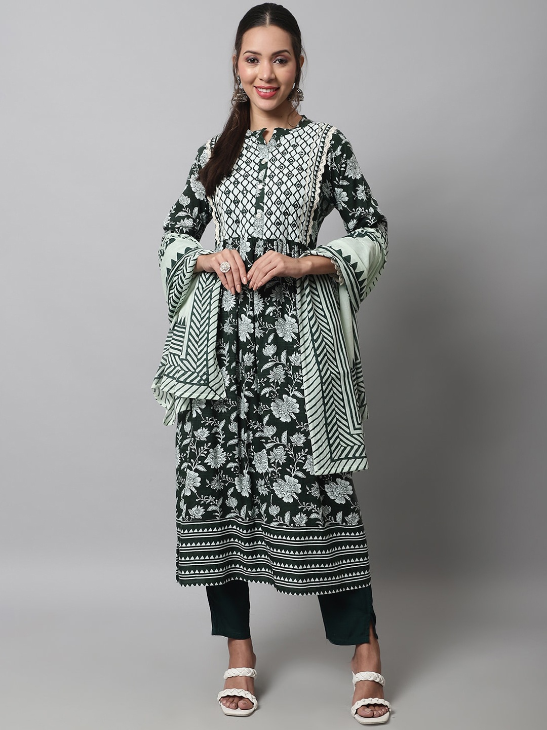 

KALINI Floral Embroidered Mirror Work Kurta with Trousers & With Dupatta, Green