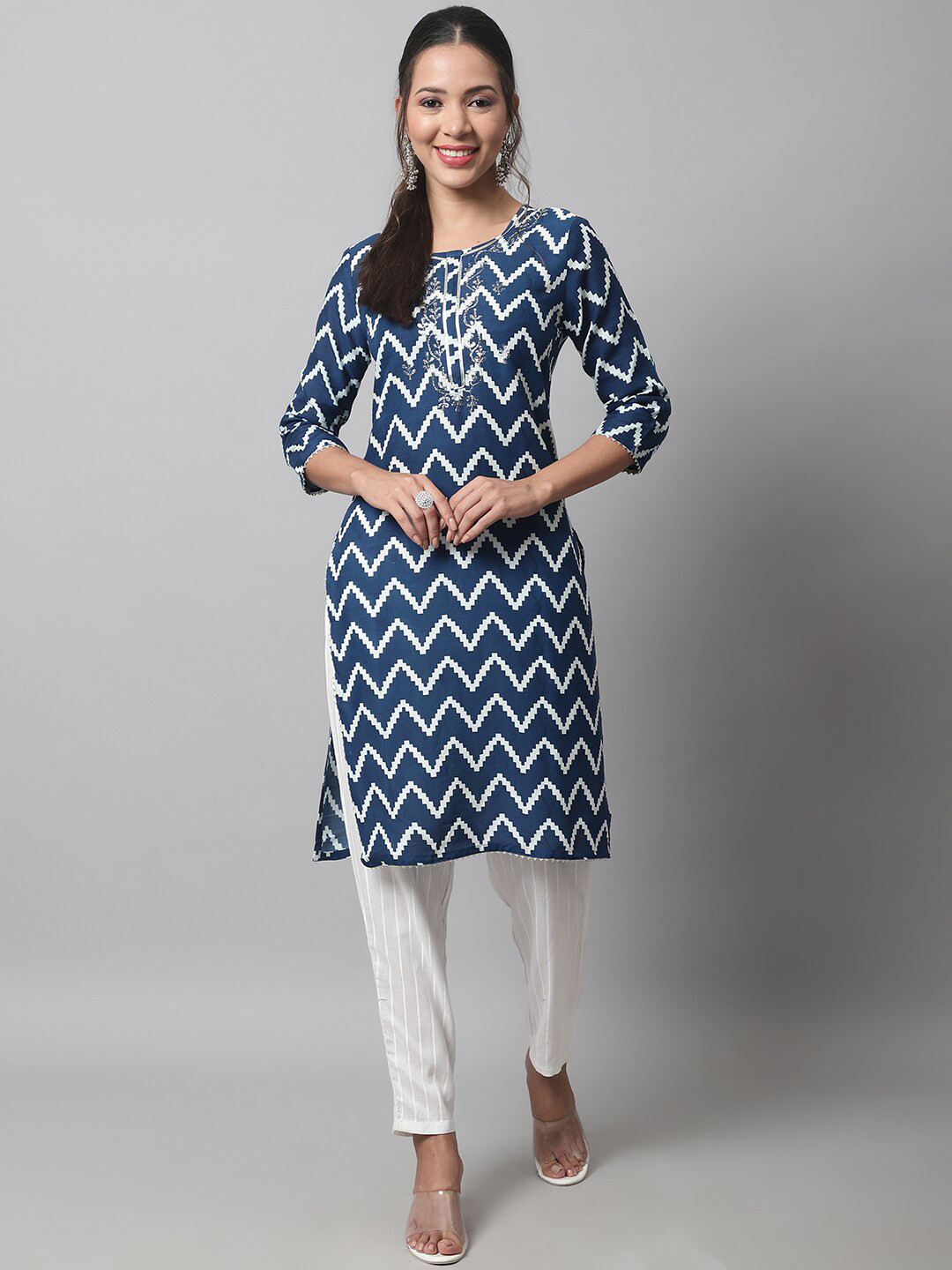 

KALINI Embroidered Thread Work Kurta with Trousers, Blue