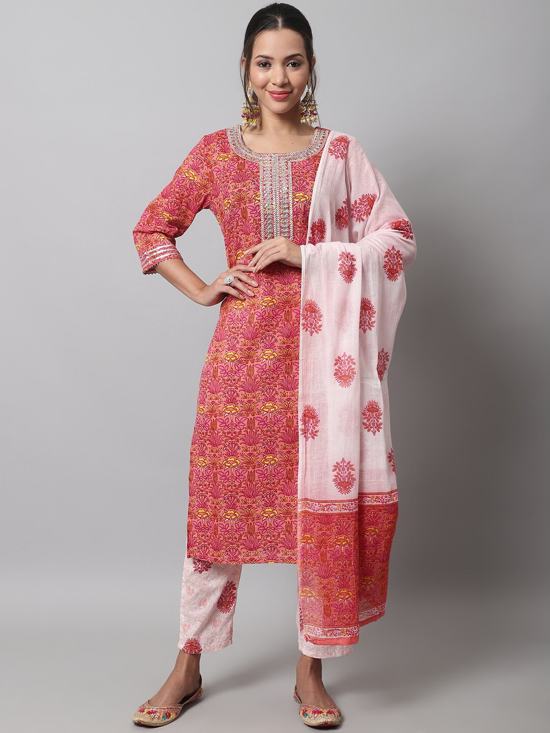 

KALINI Floral Embroidered Sequinned Pure Cotton Kurta with Trousers & With Dupatta, Peach