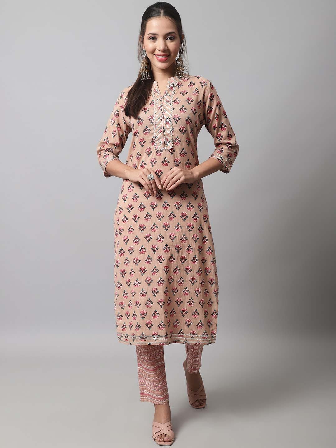 

KALINI Ethnic Motifs Printed Gotta Patti Pure Cotton Kurta with Trousers, Peach
