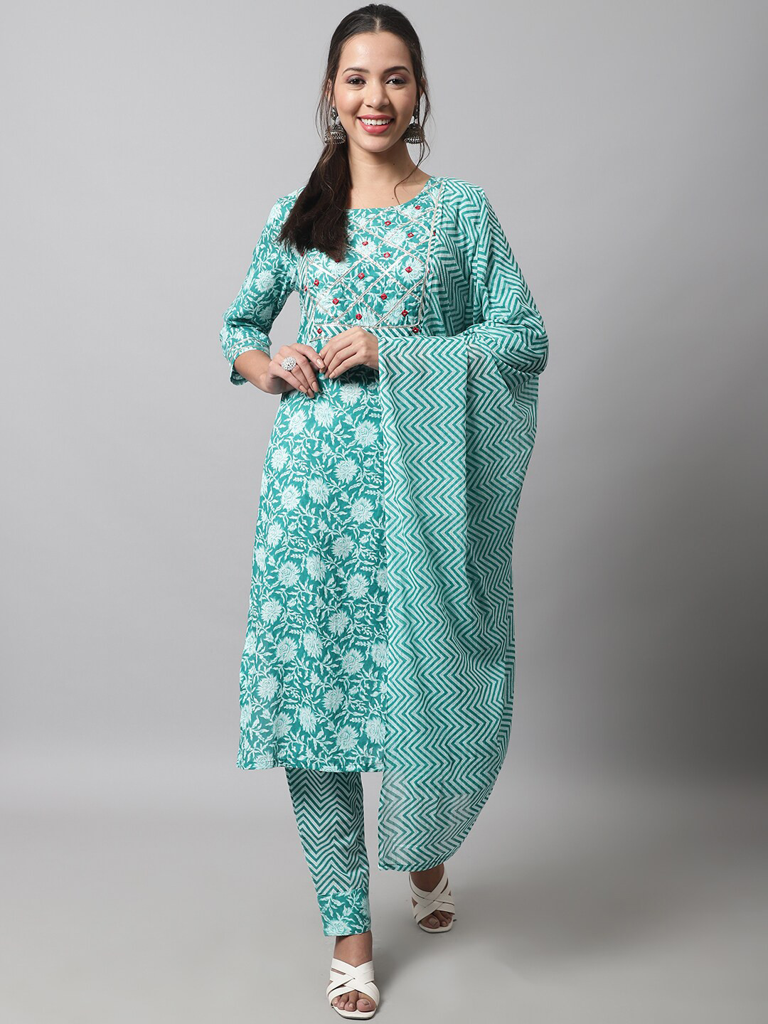 

KALINI Floral Printed Pure Cotton Kurta with Trousers & Dupatta, Sea green
