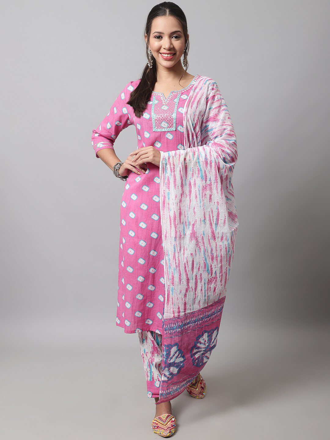 

KALINI Women Ethnic Motifs Embroidered Pure Cotton Kurta with Trousers & With Dupatta, Pink