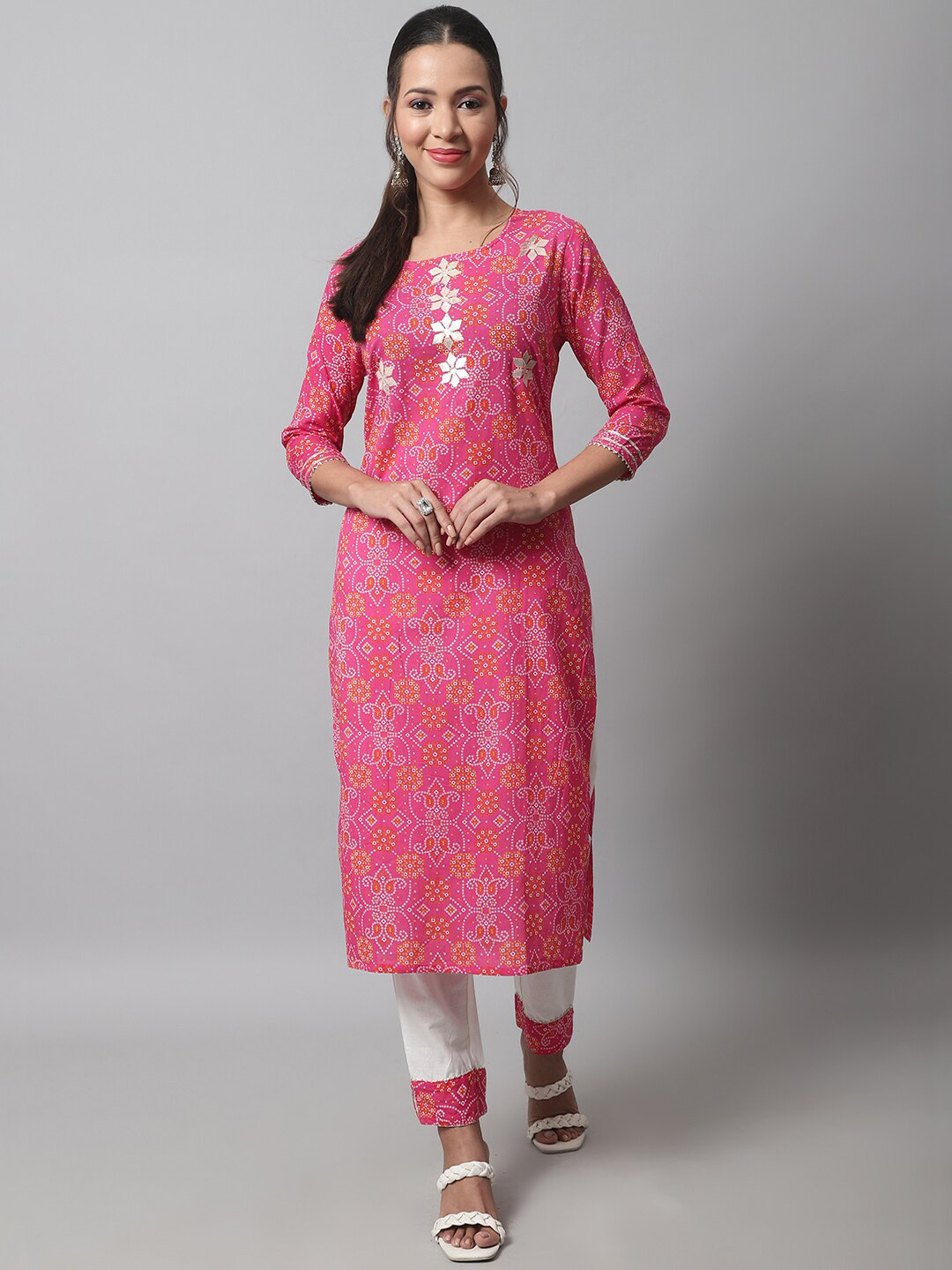 

KALINI Bandhani Dyed Sequinned Pure Cotton Kurta with Trousers, Pink