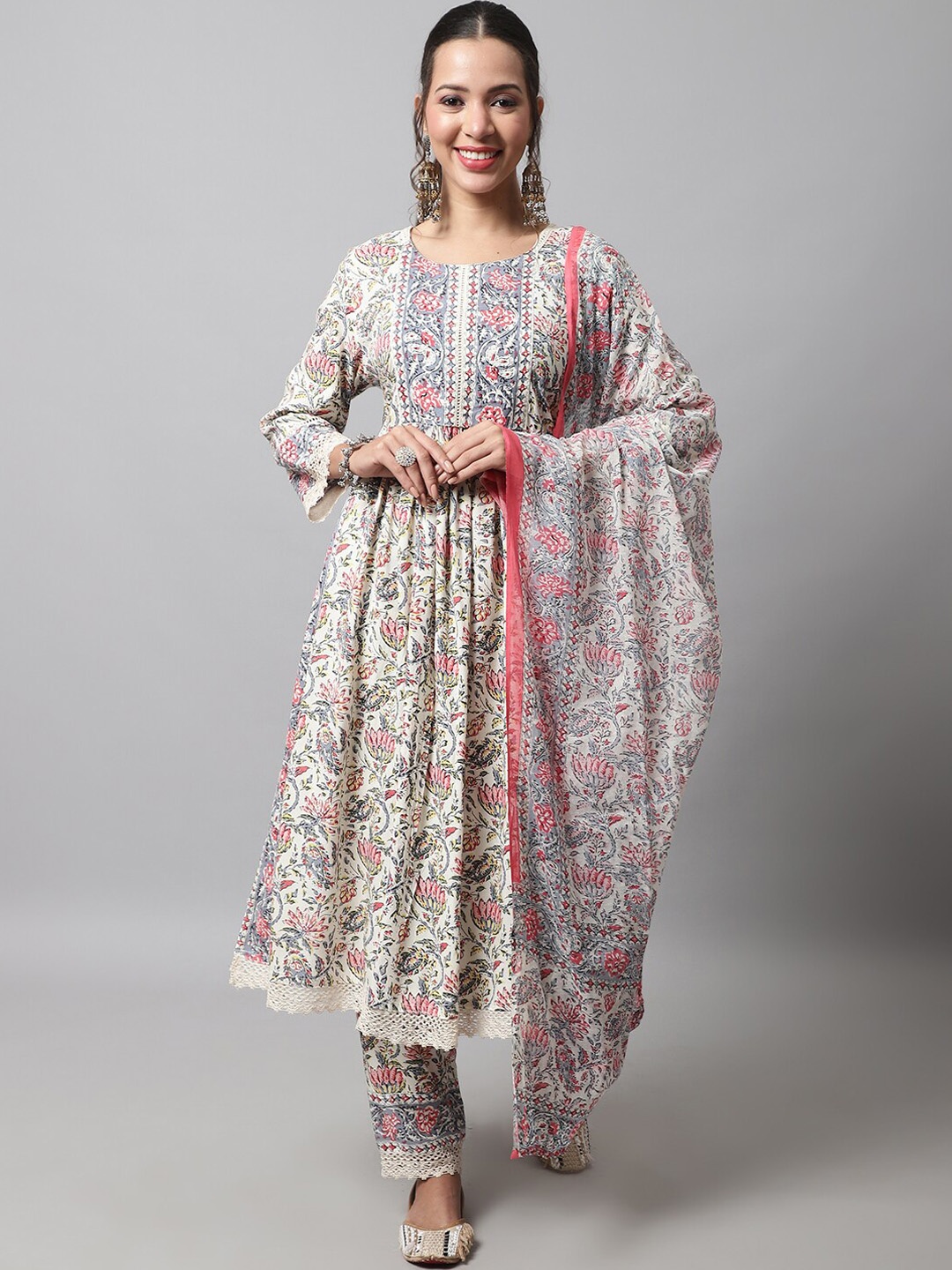 

KALINI Floral Printed Kurta with Trousers & With Dupatta, Off white