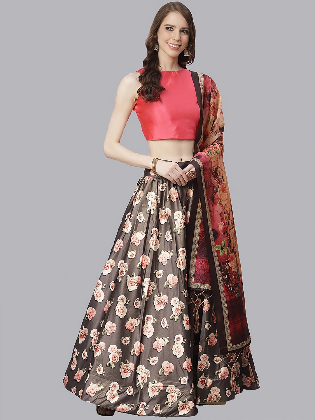 

Kaizen TEXO FAB Semi-Stitched Lehenga & Unstitched Blouse With Dupatta, Brown