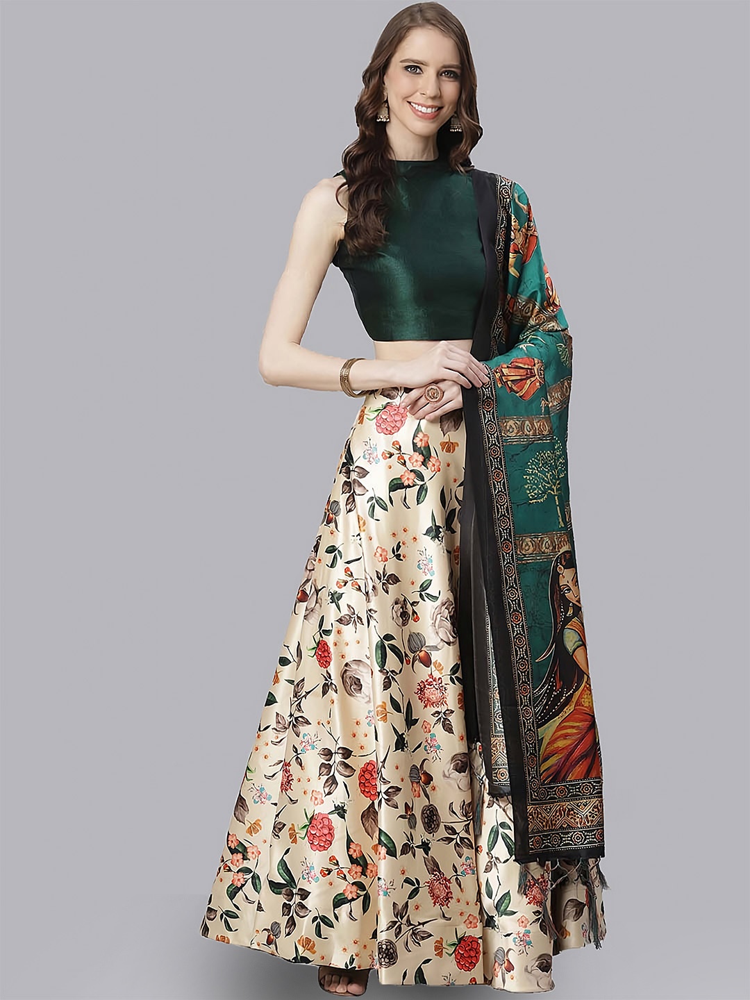 

Kaizen TEXO FAB Printed Semi-Stitched Lehenga & Unstitched Blouse With Dupatta, Cream