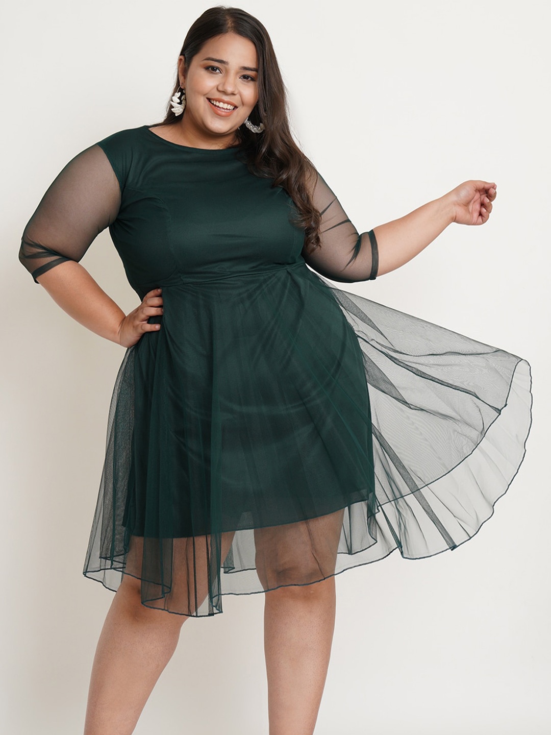 

U&F Round Neck Fit And Flare Dress, Green