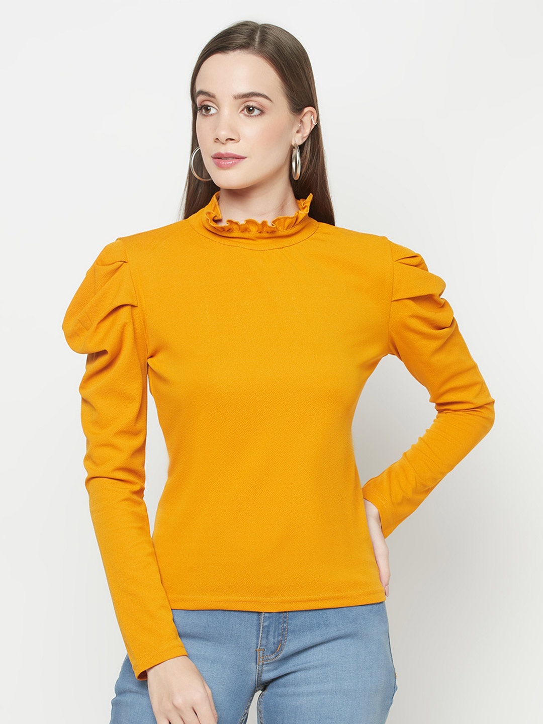 

Purple State High Neck Puffed Sleeved Top, Mustard