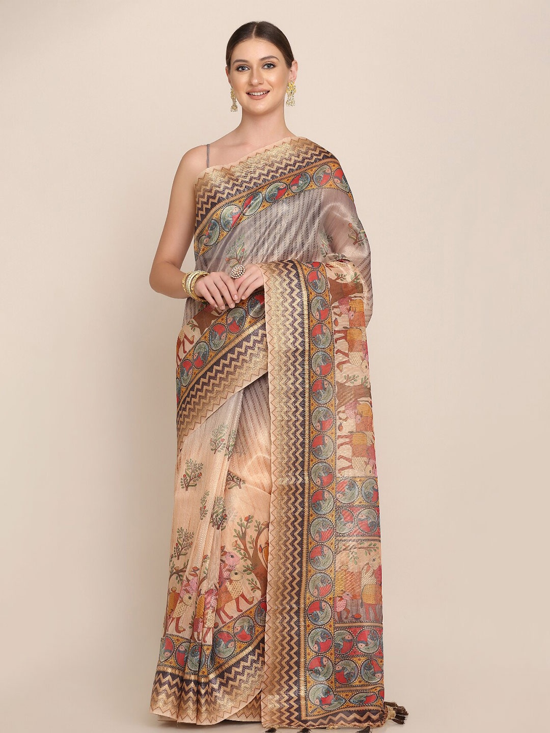 

Kaizen TEXO FAB Kalamkari Maheshwari Saree, Grey
