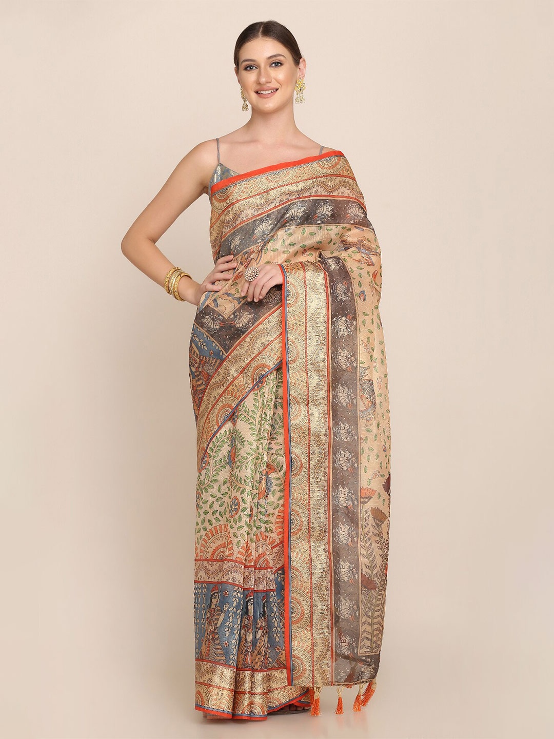 

Kaizen TEXO FAB Kalamkari Zari Maheshwari Saree, Cream