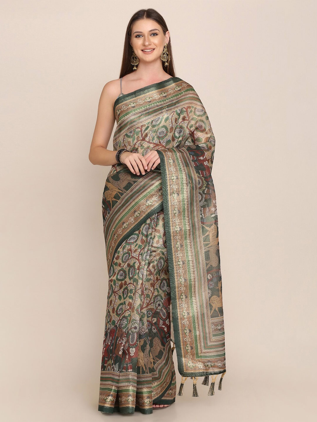 

Kaizen TEXO FAB Kalamkari Zari Ready to Wear Maheshwari Saree, Green