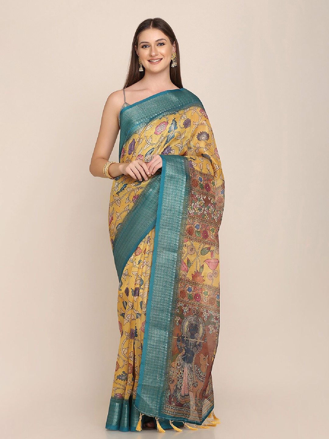 

Kaizen TEXO FAB Floral Maheshwari Saree, Yellow