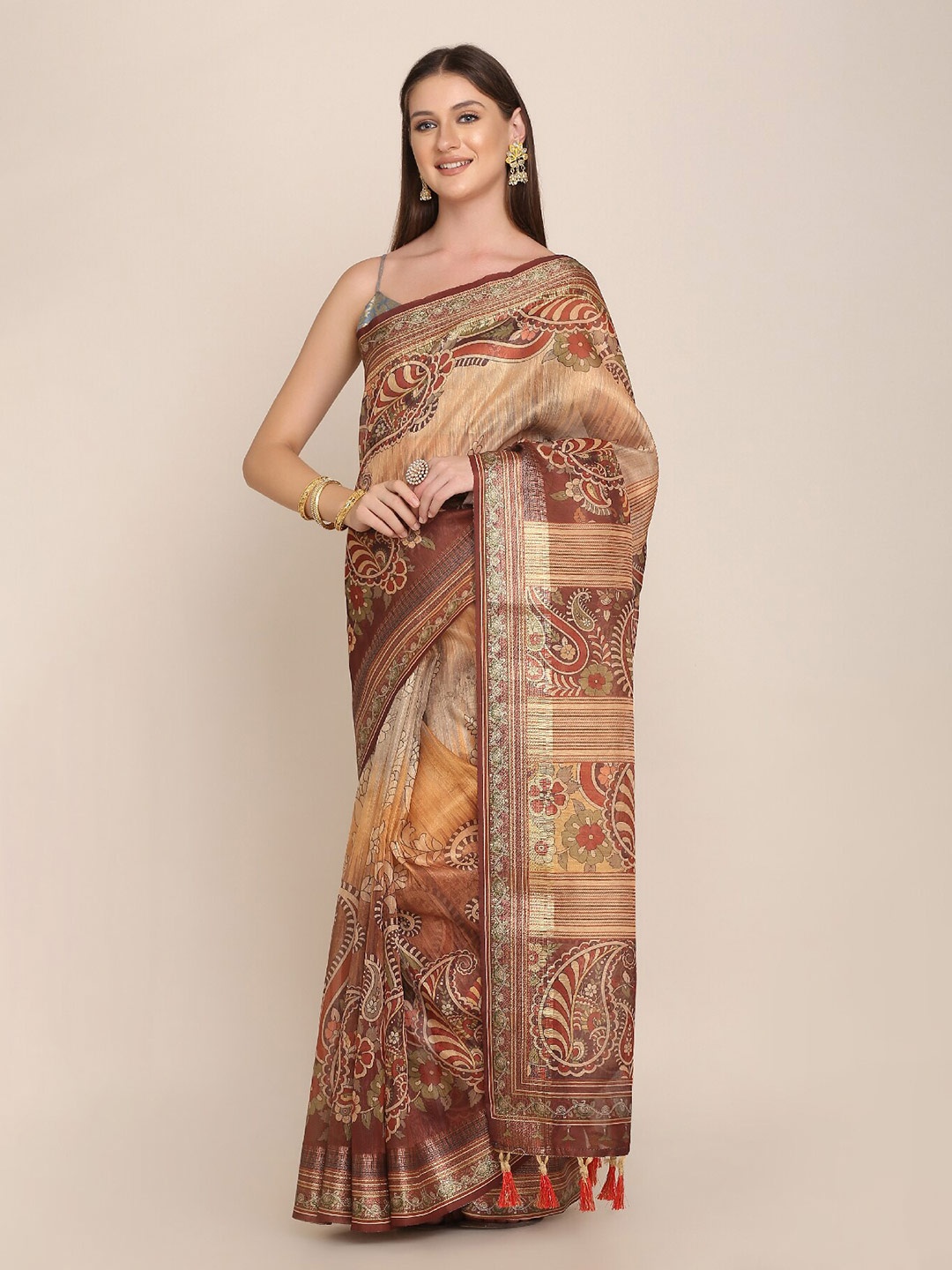 

Kaizen TEXO FAB Kalamkari Printed Zari Maheshwari Saree, Brown