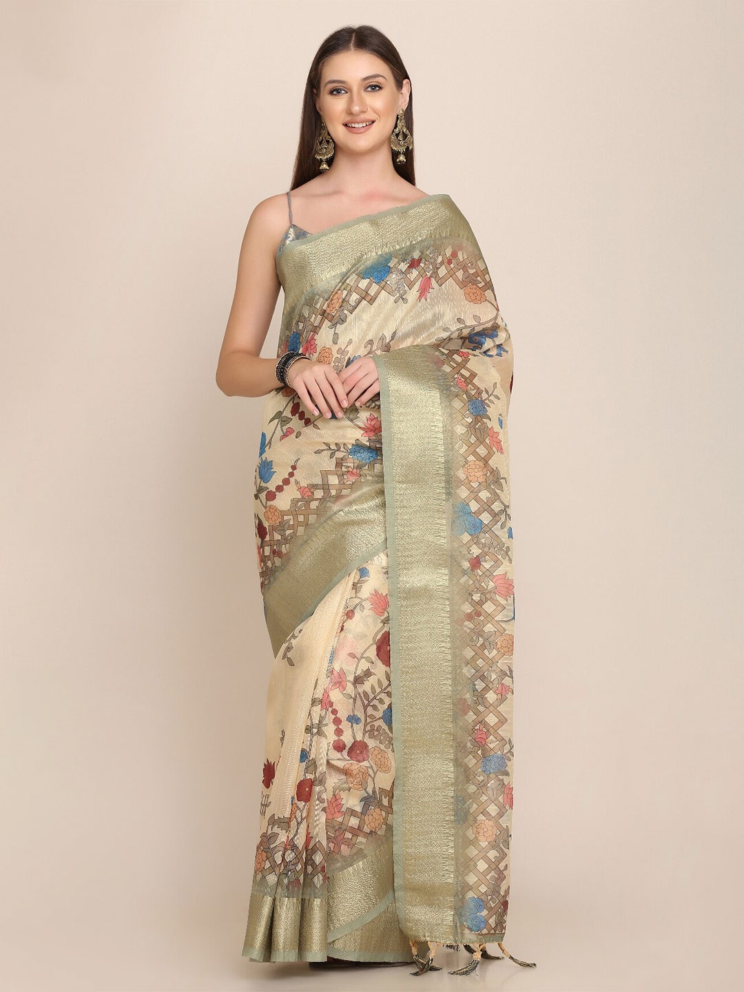 

Kaizen TEXO FAB Ethnic Motifs Zari Maheshwari Saree, Cream