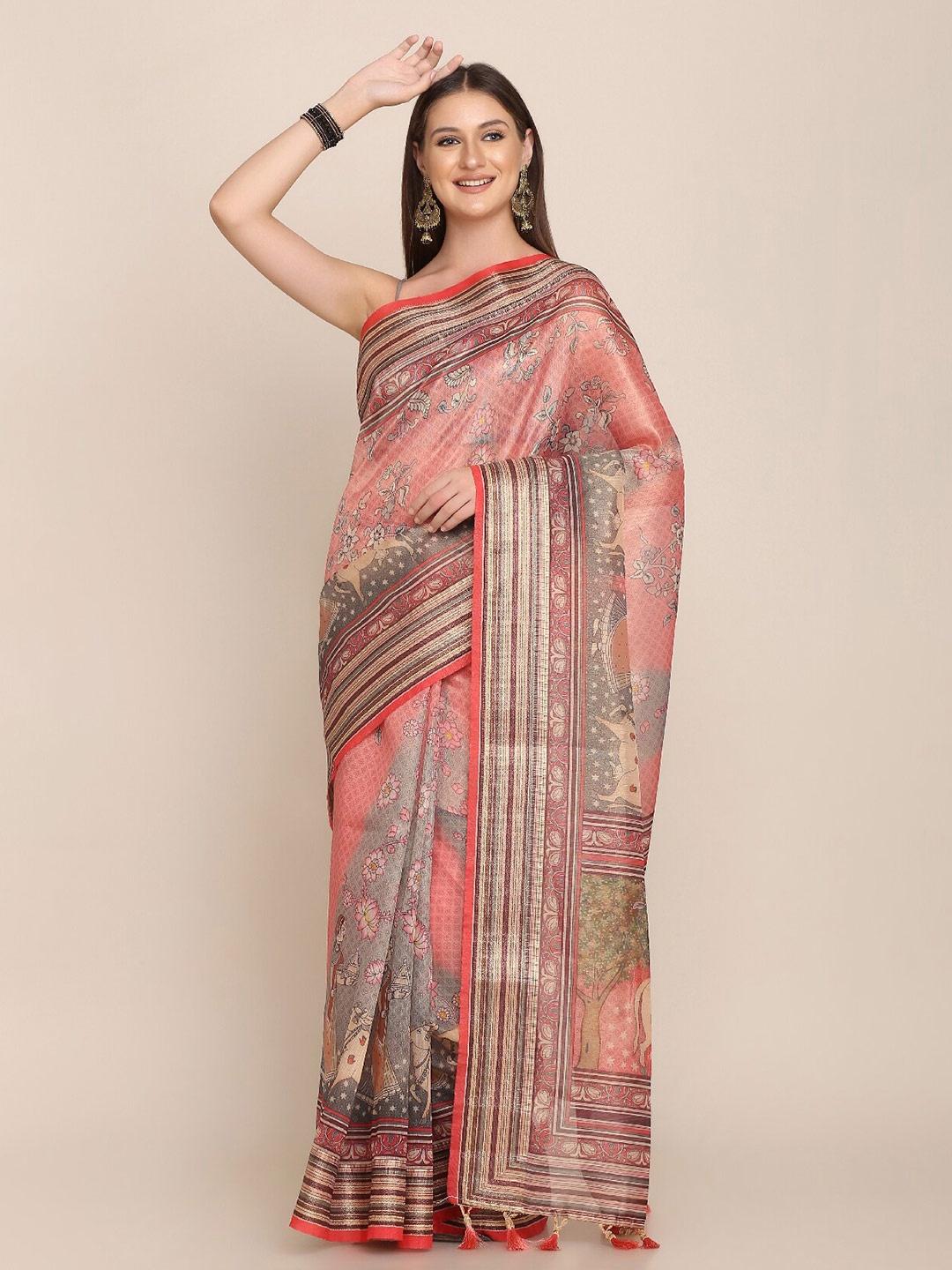 

Kaizen TEXO FAB Kalamkari Zari Linen Blend Maheshwari Saree, Red