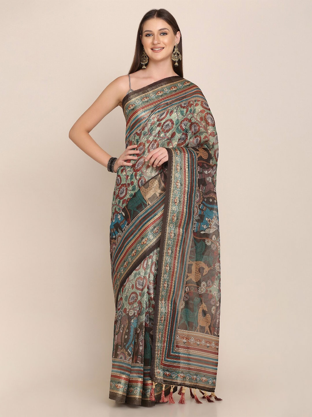 

Kaizen TEXO FAB Kalamkari Zari Maheshwari Saree, Sea green