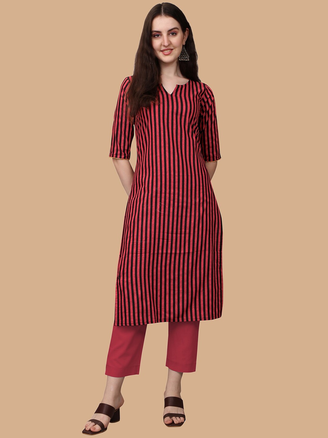 

KALINI Women Striped Handloom Kurta, Red