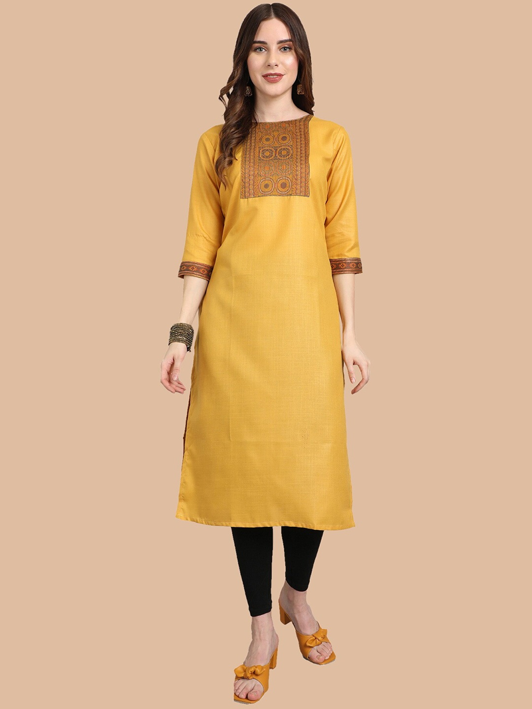 

KALINI Women Ethnic Motifs Printed Handloom Kurta, Yellow
