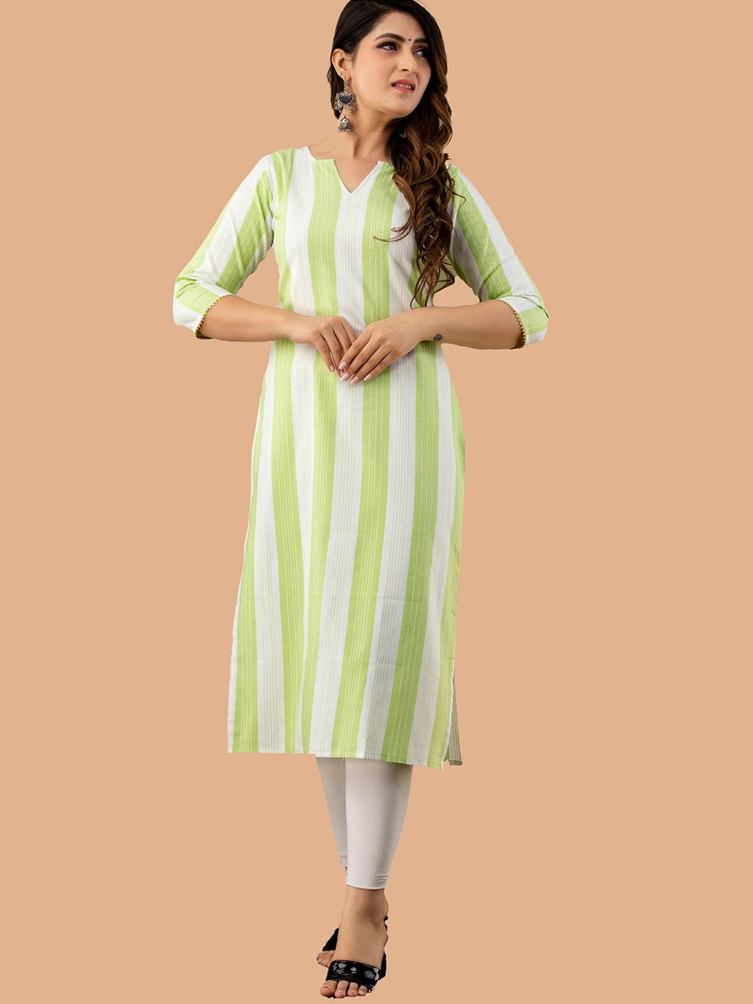 

KALINI Women Striped Straight Kurta, Green