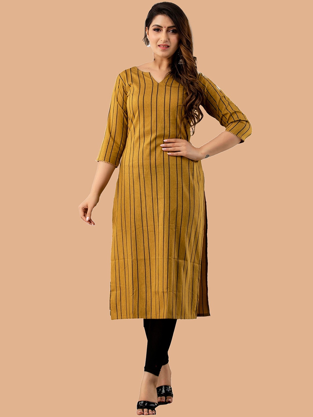 

KALINI Women Striped Handloom Kurta, Mustard