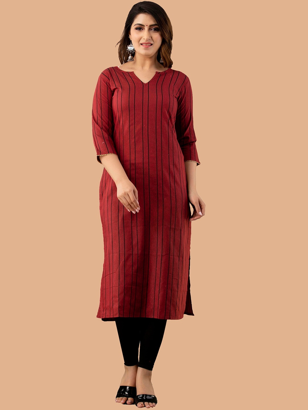 

KALINI Striped Gotta Patti Handloom Cotton Kurta, Maroon