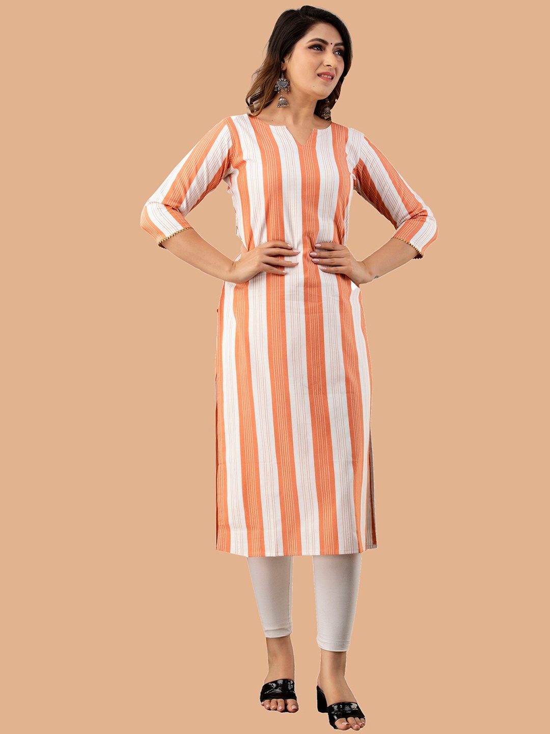 

KALINI Striped Gotta Patti Pastels Handloom Cotton Kurta, Orange