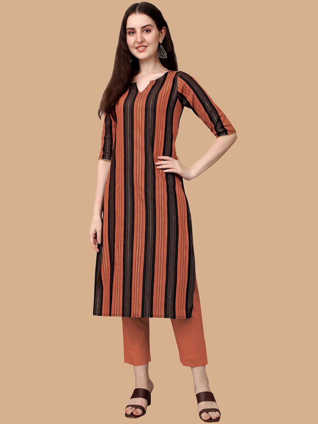 

KALINI Women Striped Gotta Patti Handloom Cotton Kurta, Orange