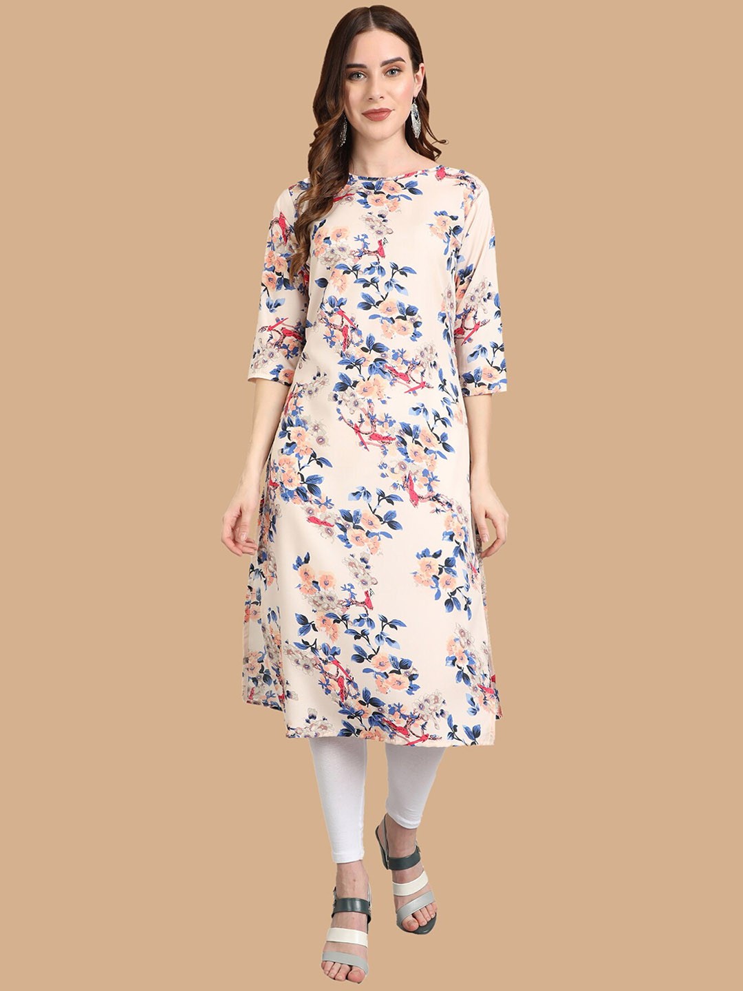

KALINI Women Floral Printed Crepe Kurta, Peach