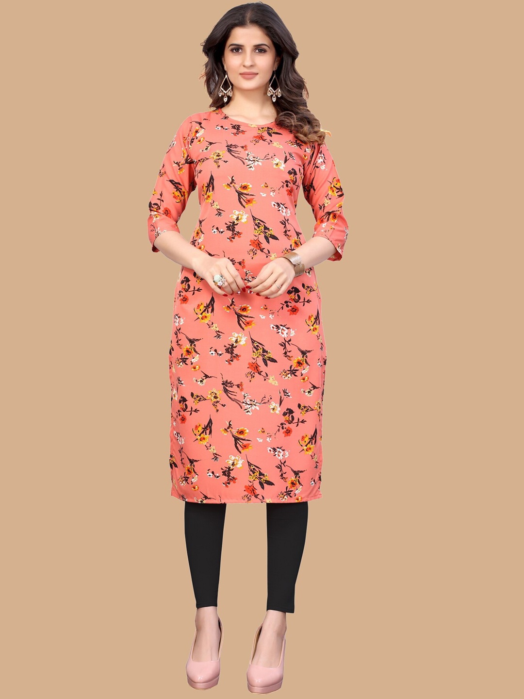 

KALINI Women Floral Printed Handloom Crepe Kurta, Orange