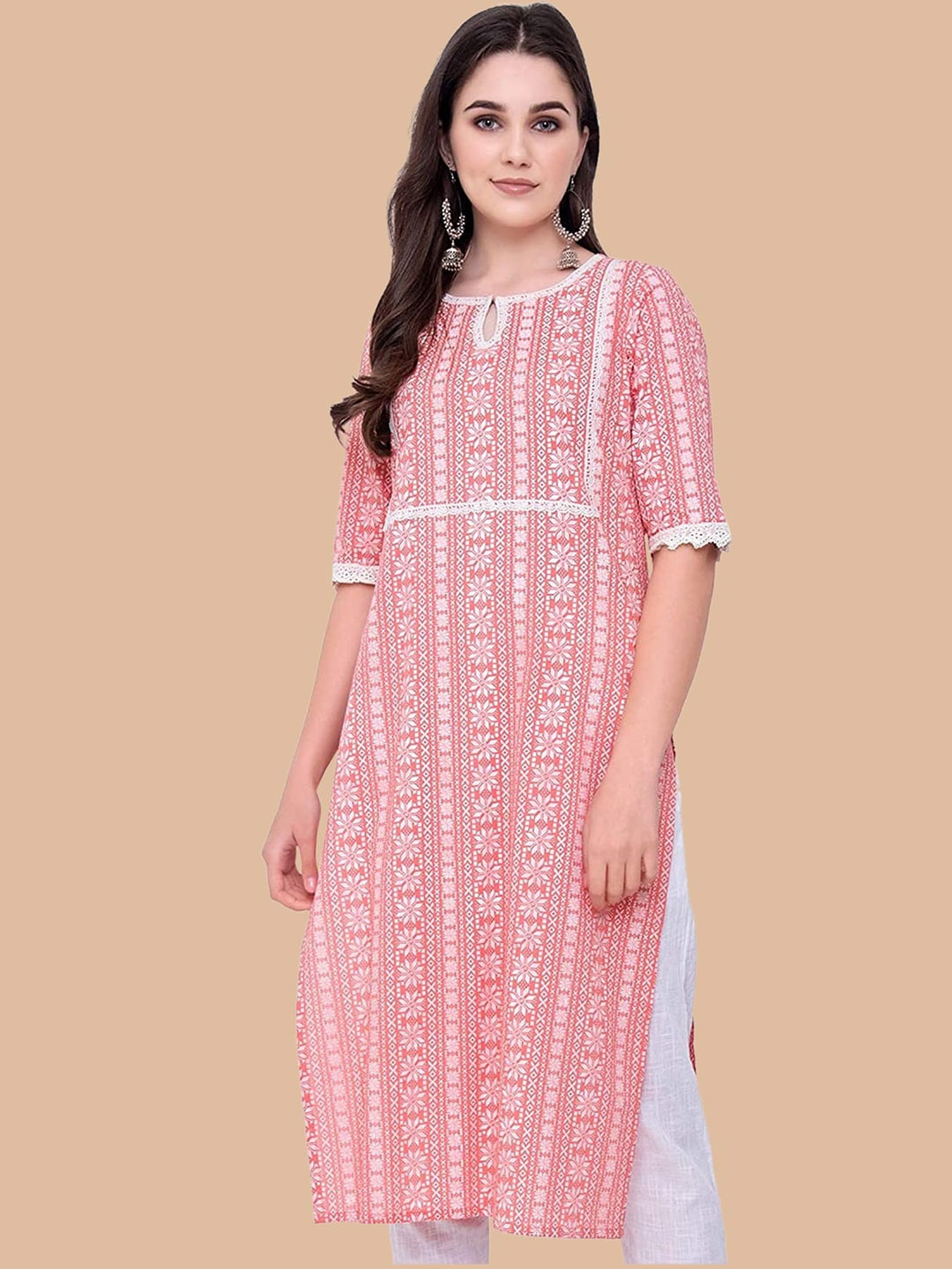 

KALINI Women Floral Printed Keyhole Neck Handloom Crepe Kurta, Pink